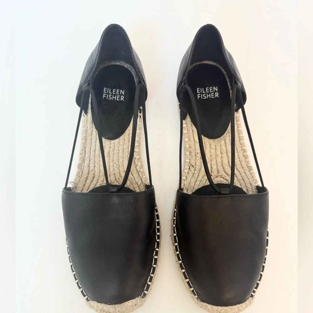 Eileen Fisher Lee Washed Leather Espadrille Shoes in Black Size 9.5